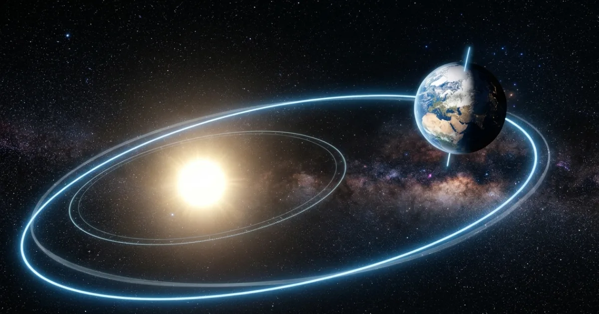A schematic representation of the three Milankovitch cycles — eccentricity (how egg-shaped Earth's orbit is), obliquity (the tilt of its axis), and axial precession (the wobble of that axis). Together, these cycles determine how much solar energy reaches Earth's surface over tens of thousands of years. Image: NASA/JPL-Caltech / Illustrative rendering.