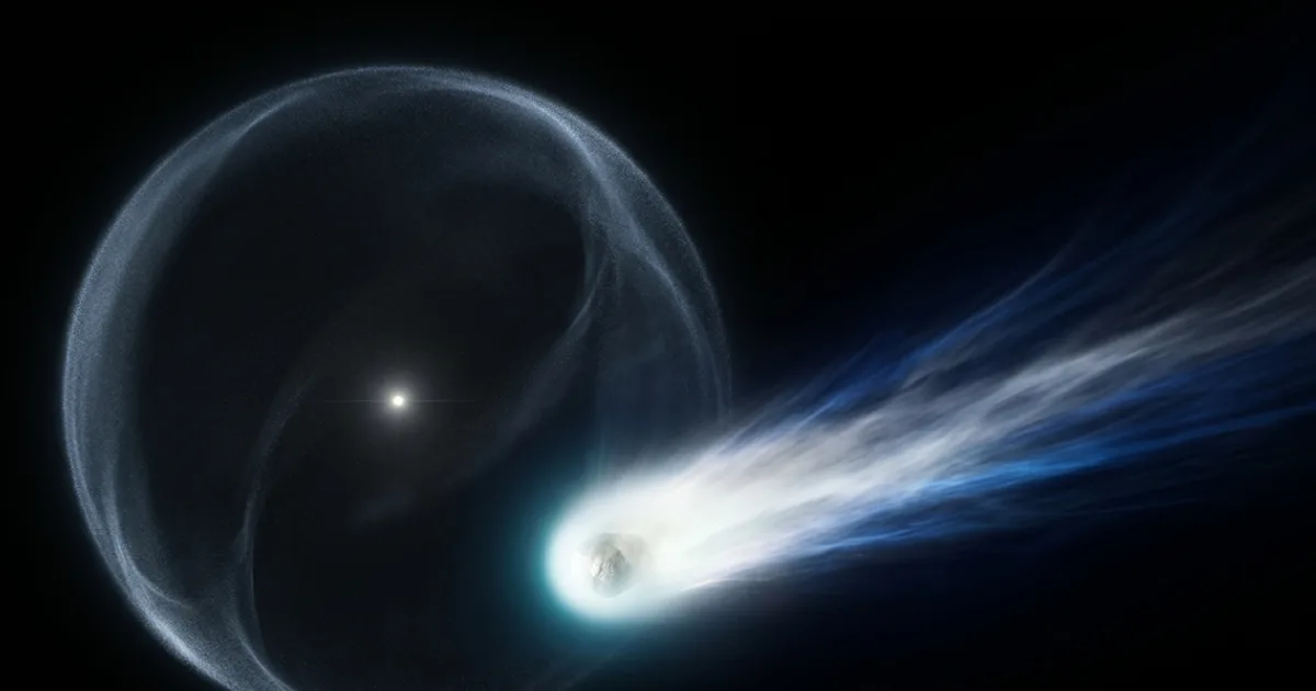 Long-period comets like C/1995 O1 (Hale-Bopp) develop enormous comae that dwarf the hidden nucleus beneath. The new ThermoONet model bypasses this obscuring shroud by reading the comet's water vapour signal instead. Image: NavsoraTimes / AI-generated illustration based on ESA/Rosetta mission data.