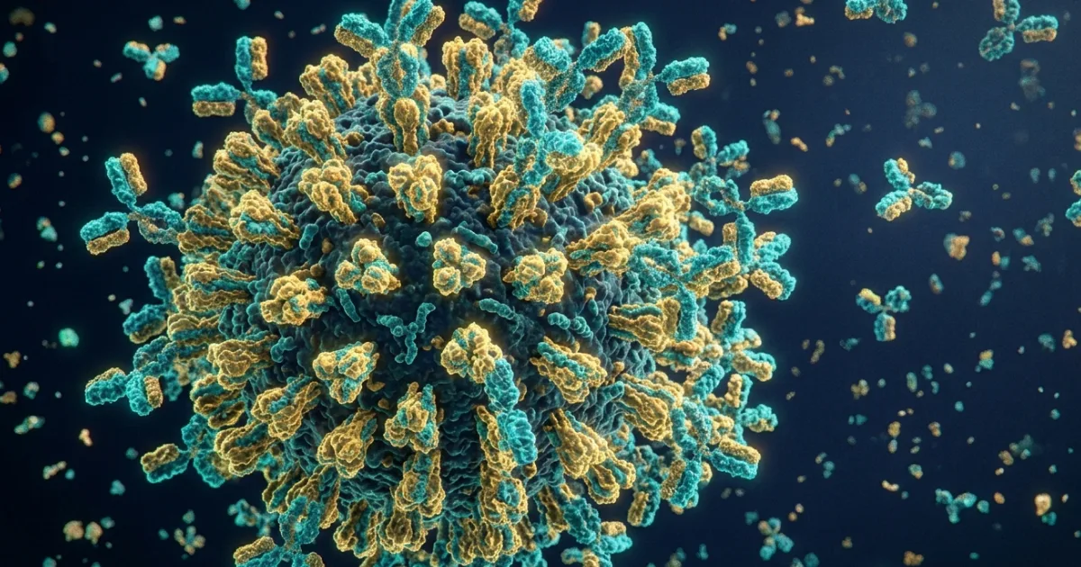 A high-resolution cryo-electron microscopy reconstruction showing human monoclonal antibodies binding to two distinct surface proteins of the measles virus. The structures in amber represent antibody contact sites that physically lock the virus and prevent it from fusing with host cells. Image: Zyla, Acciani et al. / Cell Host & Microbe, 2026.