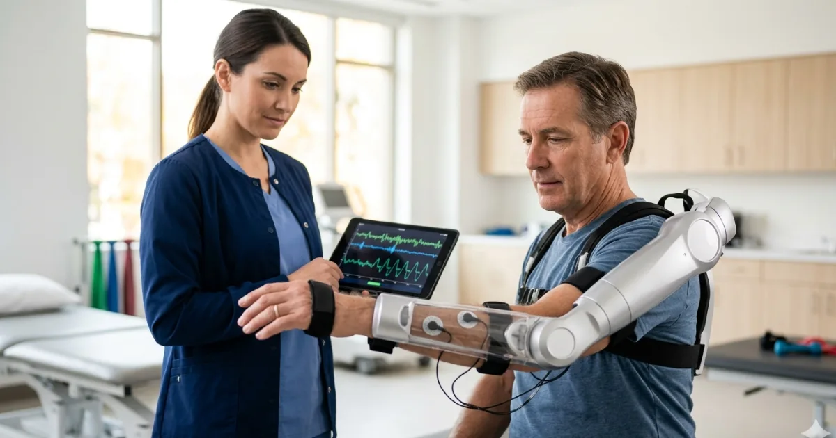 A patient trains with an AI-guided upper-limb exoskeleton during stroke rehabilitation therapy. The robot reads electromyography signals from the patient's muscles to predict intended movements and deliver assistance in real time. Image: Illustrative / NavsoraTimes.