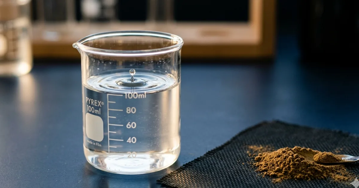 The brown Hex-TADD-COP polymer material on carbon cloth (left) paired with clear MgCl₂ electrolyte beaker cells (right). Unlike conventional batteries whose spent acid or alkali demands hazardous-waste disposal, this electrolyte is certified safe for direct environmental discard. Image: Chen et al. / Nature Communications, 2026.
