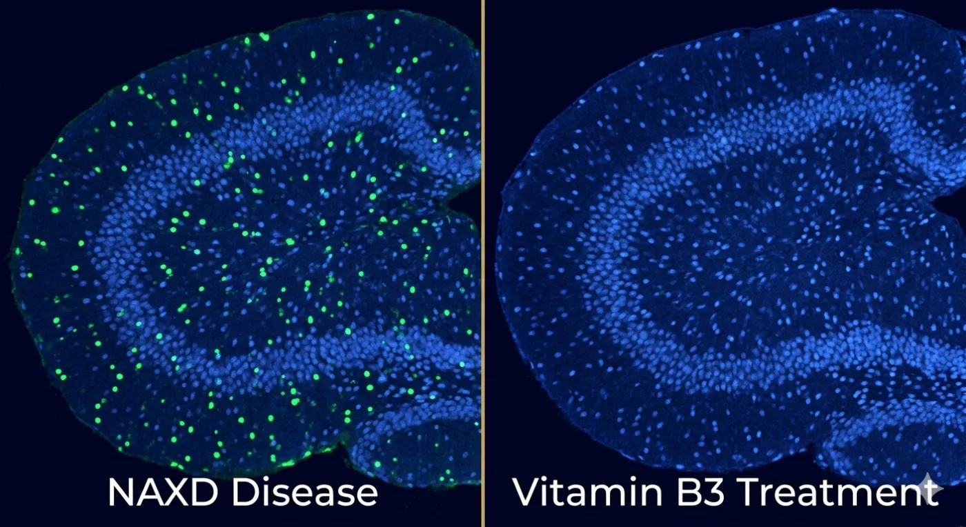 Fluorescence microscopy of P5 mouse brain sections showing TUNEL staining (green, cell death) and DAPI nuclear stain (blue). The NAXD knockout mouse cortex shows widespread cell death absent in controls — a pattern fully reversed by daily vitamin B3 treatment from birth. Image: Garg et al. / Cell, 2026.