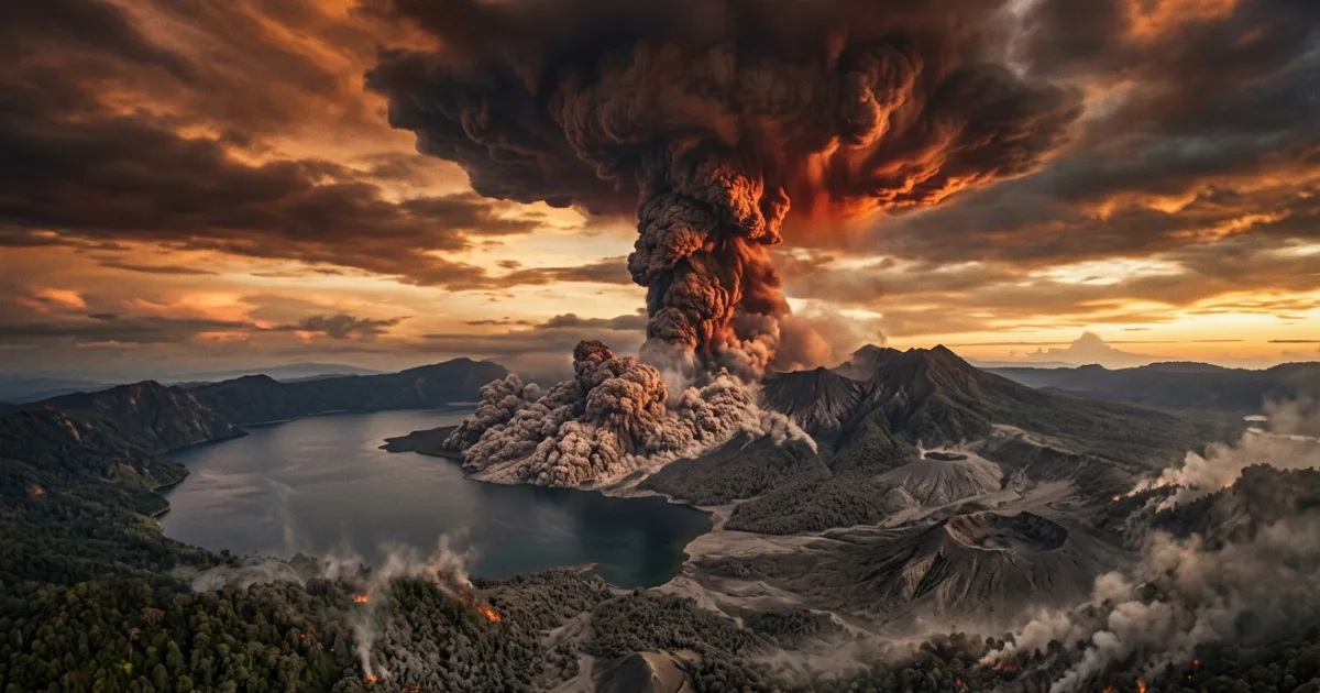 A rendering of the Toba supervolcano's eruption plume as it may have appeared 74,000 years ago. The event ejected an estimated 2,800 cubic kilometres of material into the stratosphere, potentially blocking sunlight for years. Image: AI/ScienceDaily.com.