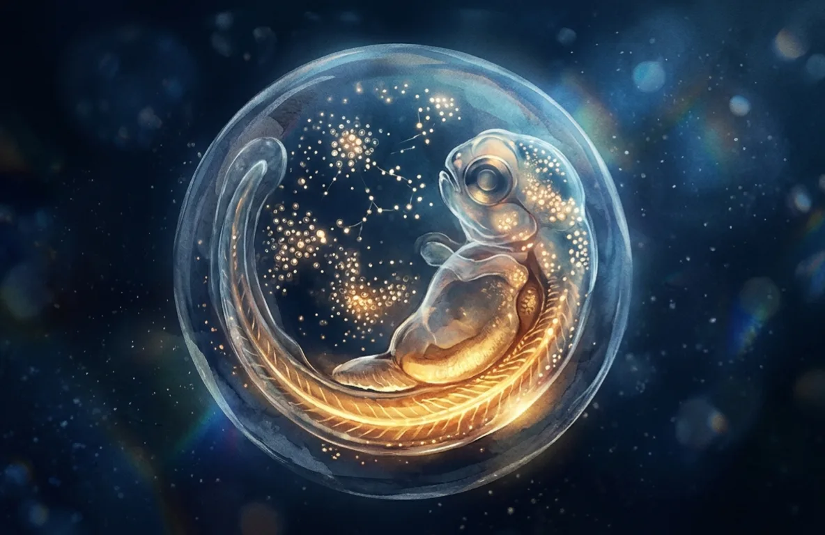A few hours after a zebrafish egg is fertilized, the cells inside light up as they start to choose what to become. The bright band at the edge marks the spot where future muscles and gut will grow. Image: NavsoraTimes / EMBL.
