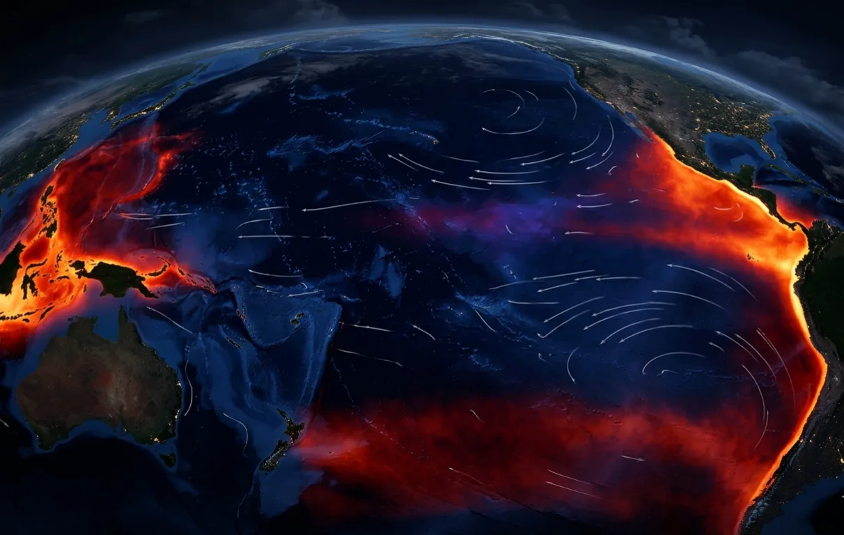 A NASA satellite heat map showing the unusual ring of warm water forming across the Pacific Ocean in spring 2026. Warm patches appeared near Indonesia, Central America, and South America at the same time, a pattern not recorded in the past 40 years. Image: NASA / NOAA, 2026.