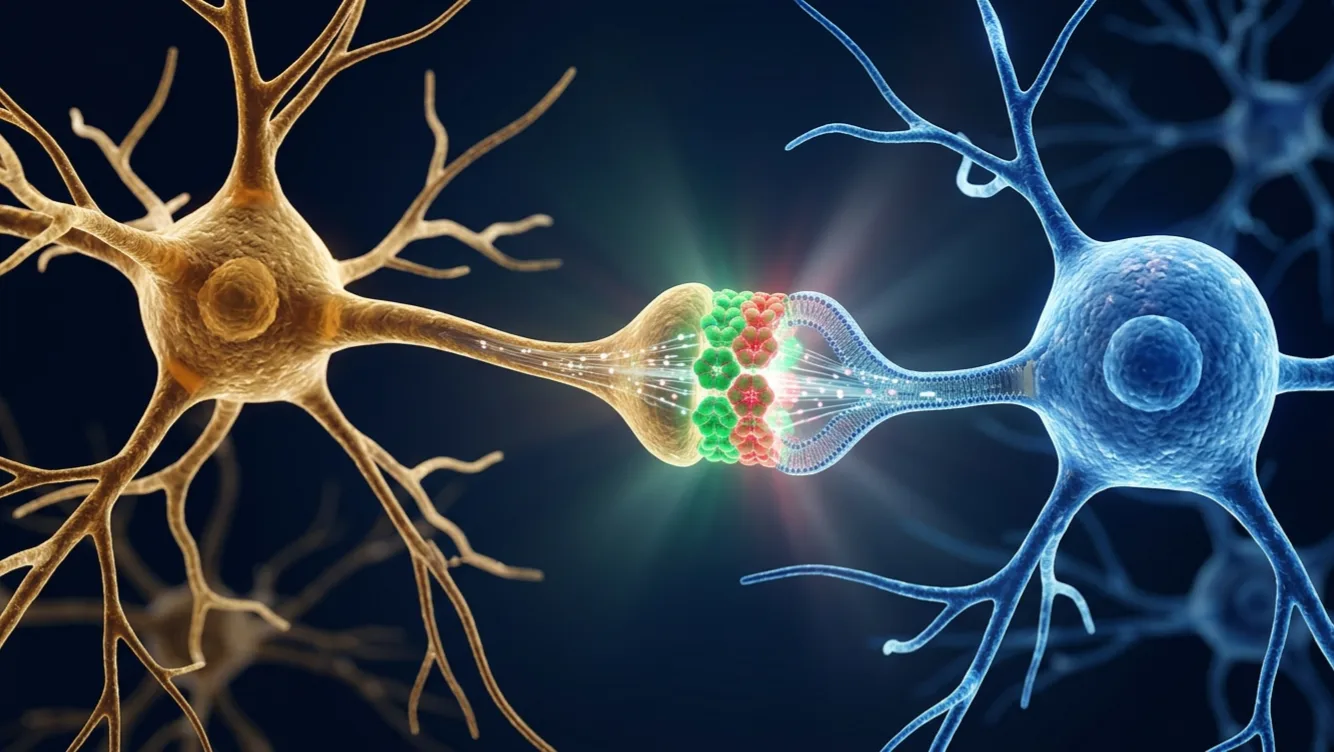 An artistic view of two brain cells linked by the new engineered electrical synapse. One cell carries the green half of the bridge, the other carries the red half. Only matching halves lock together. Image: NavsoraTimes Illustration, based on Ransey et al., Nature, 2026.