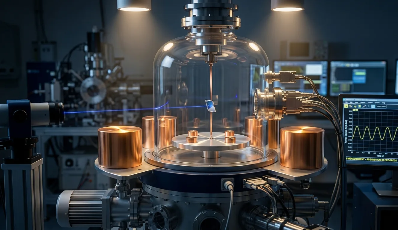 The same instrument that measured Newton's G at the Paris weights bureau twenty-five years ago, now reassembled at the National Institute of Standards and Technology in Maryland. Image: Jennifer Lee / NIST, 2026.