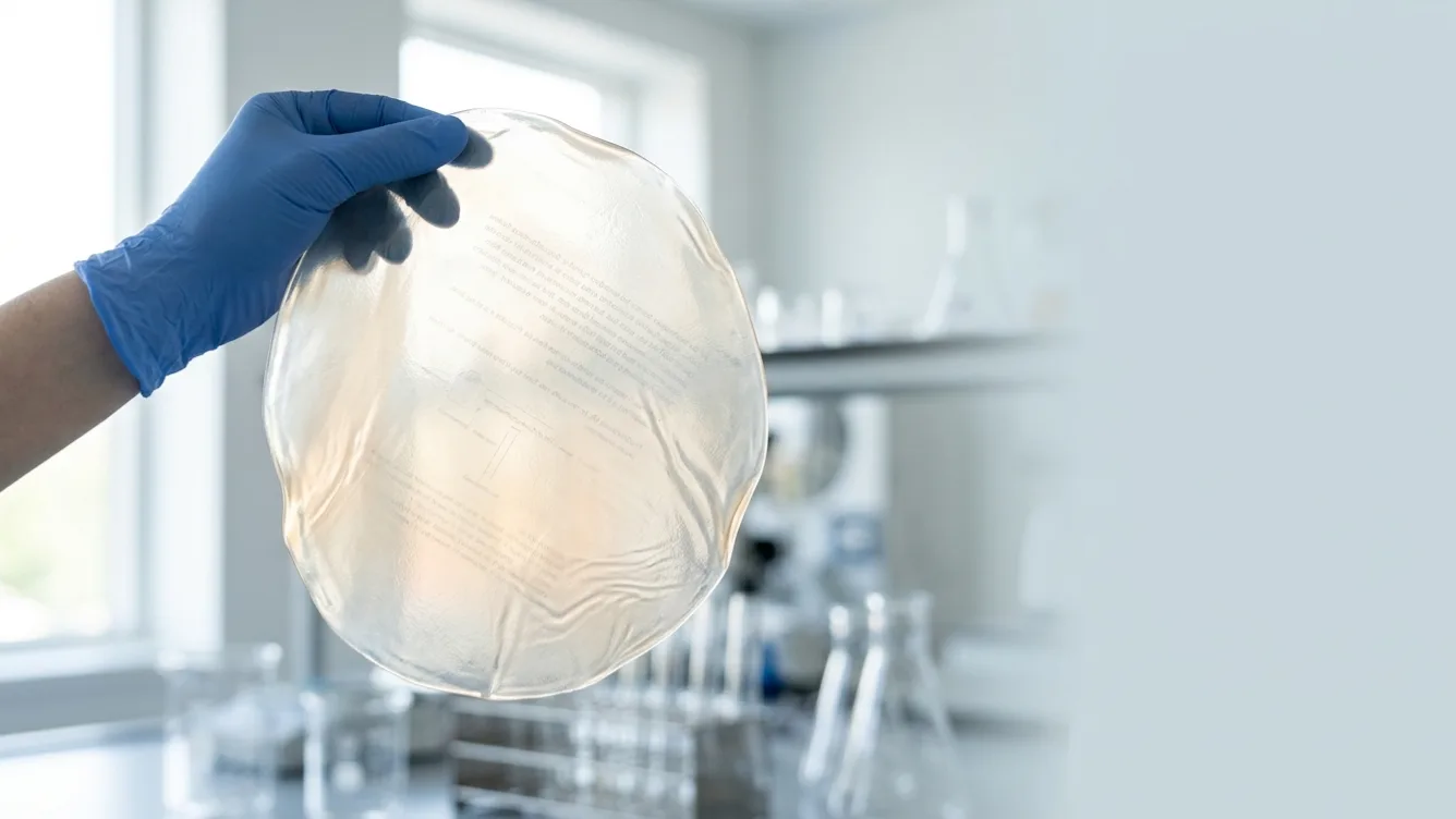 The finished sheet is so clear that a logo placed behind it stays easy to read. It is also thin enough to fold into a paper plane and unfold again without cracks. Image: Saadi et al. / Nature Communications, 2025.