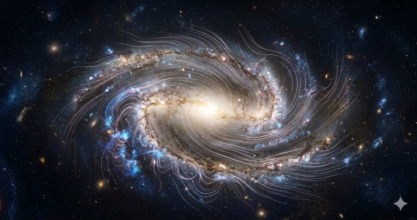 An artist's view of our galaxy with its magnetic field drawn as glowing lines. A new survey found that in one spiral arm, the field flips and runs the opposite way. Image: NavsoraTimes graphics.