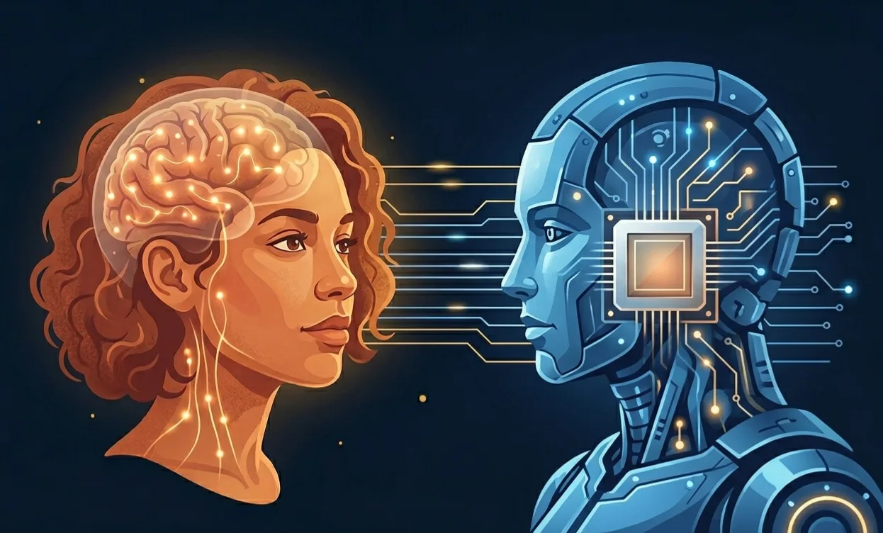 The human brain and the digital machine run on completely different systems. Scientists say treating them as rivals on one scale misses what each one is truly good at. Illustration: NavsoraTimes.