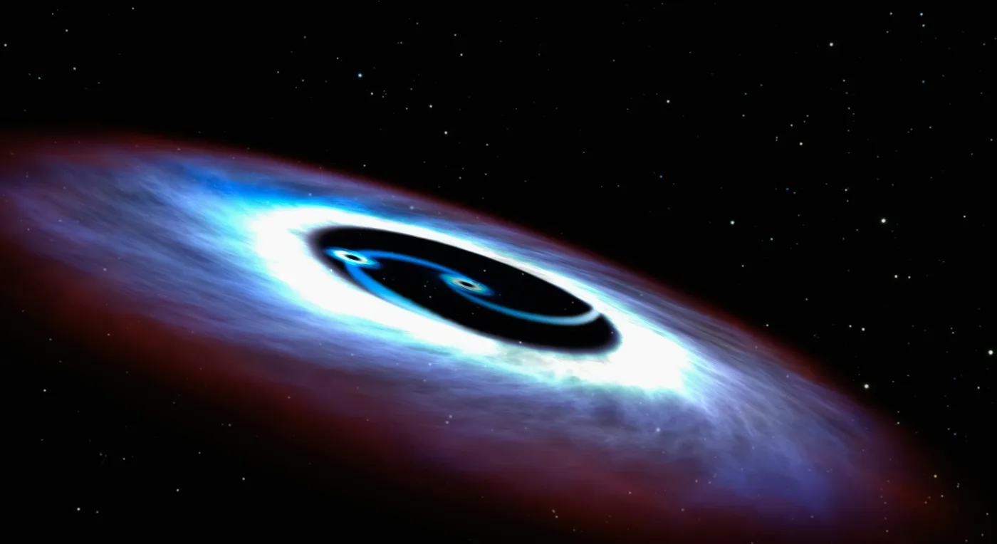 An artist's view of two black holes locked in orbit at the heart of a bright, swirling disk of hot gas. Pairs like this slowly spiral inward and finally merge, sending out the gravitational waves that scientists now search for dark matter clues. Image: NASA, ESA / Hubble Space Telescope.