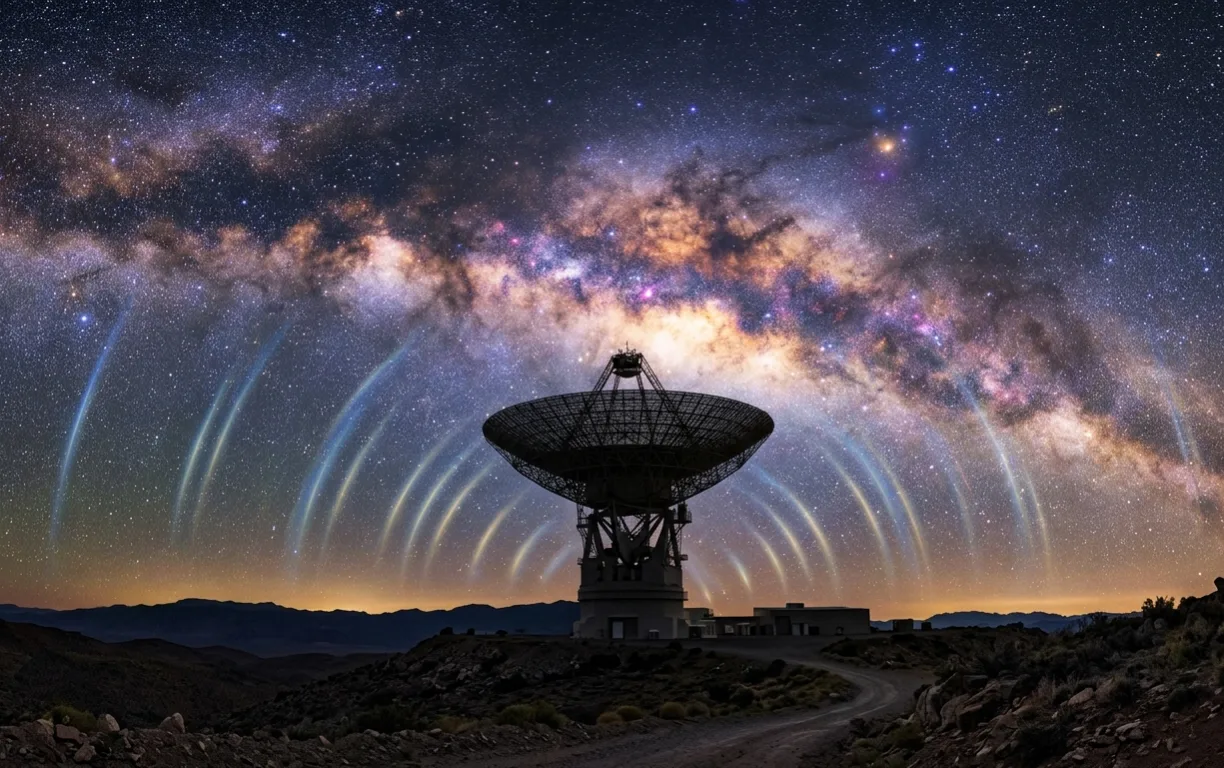 If human eyes could see radio waves, the night sky would glow like this all the time — day and night. This image reveals hot gas clouds, spinning dead stars, and magnetic field lines that ordinary light cannot show. Image: NASA / ESA / CSA / STScI / SARAO.