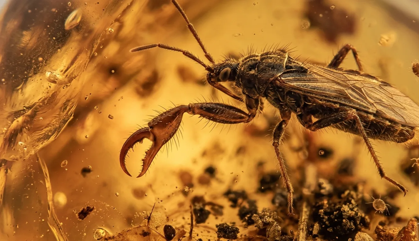 The fossil true bug (specimen PED 4665) preserved in translucent golden amber from the Hukawng Valley, Kachin State, Myanmar. The foreleg pincer claws are visible in ventral view. Micro-CT scanning revealed the full three-dimensional structure of the unique claw. Image: Haug et al. / Insects, 2026.