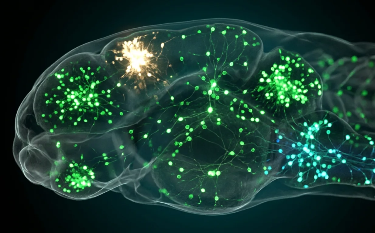 Fluorescent neurons in a zebrafish brain light up during a social interaction experiment at The Hebrew University of Jerusalem. Each green dot is a single brain cell. The pattern of activity reliably predicted whether the fish would move toward its companion, seconds before it moved. Credit: Lifshitz et al. / Nature Communications, 2026.