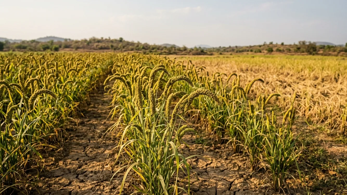 Finger millet grows on dry hillslopes across eastern India under very low rainfall and minimal farming inputs. A 25-year study just confirmed it as one of the most drought-resilient crops on the subcontinent. Image: ICAR-Indian Institute of Water Management / Nayak et al., Scientific Reports, 2026.