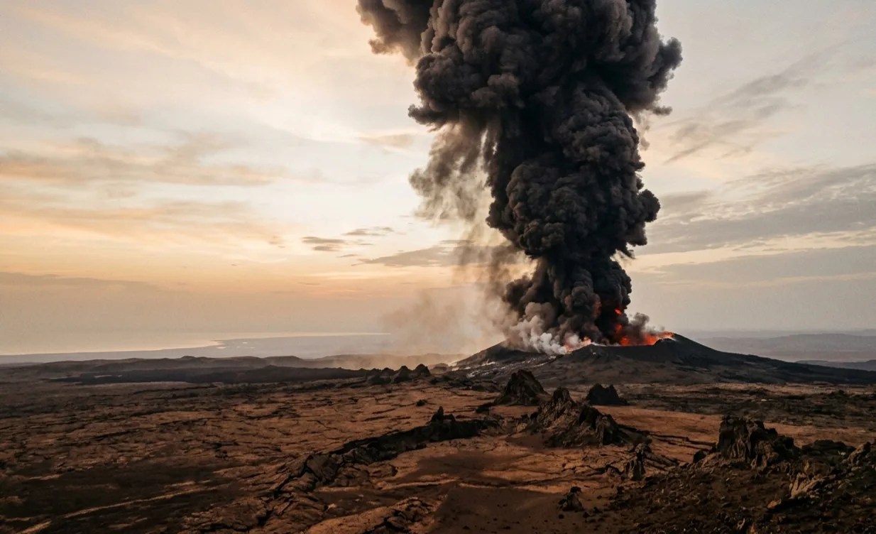 The Hayli Gubbi volcano erupted for the first time in recorded history on 23 November 2025, sending a dark ash column high into the upper atmosphere over the Afar Depression. The plume crossed the Red Sea and reached Oman within 24 hours. Image: NASA Earth Observatory / Ukhov et al., Scientific Reports, 2026.