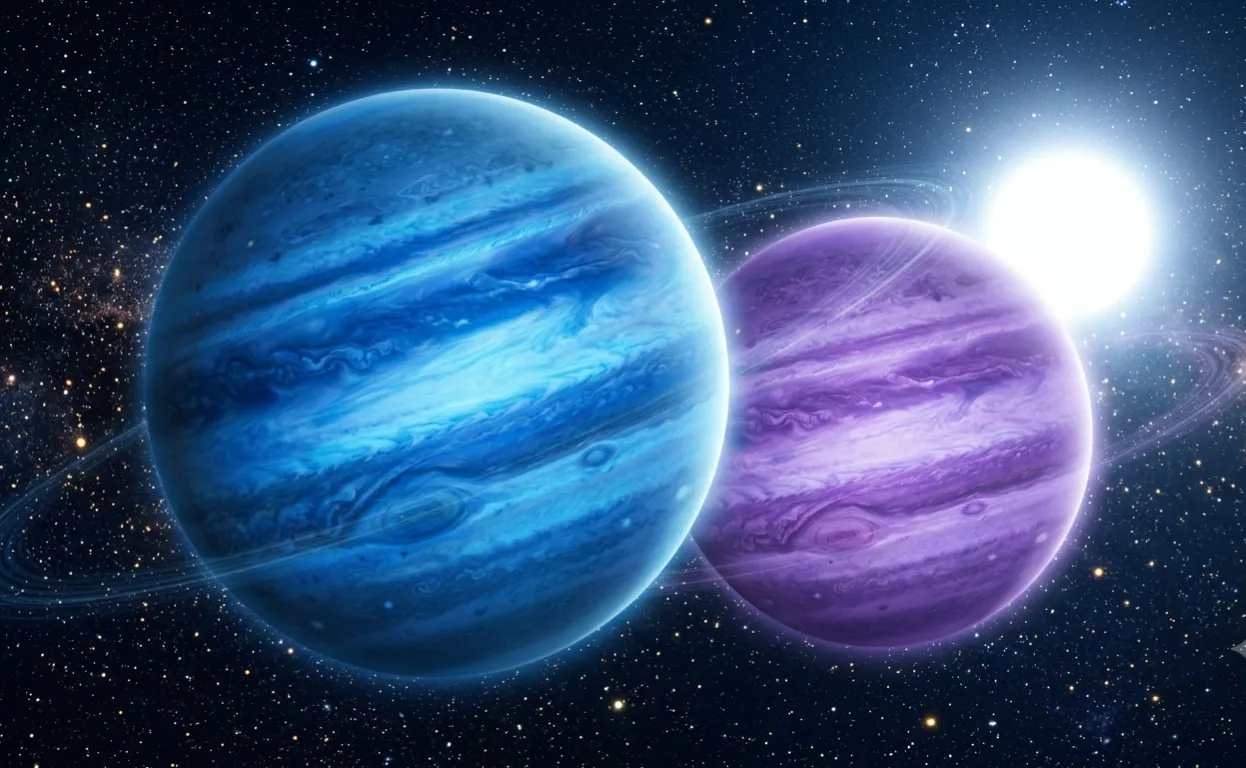 A visualisation of TOI-791 b and c, two enormous but extraordinarily light gas giants that orbit the star TOI-791, located about 341 light-years from Earth. Both planets are roughly the size of Jupiter but weigh almost nothing compared to what scientists expected. Image concept based on Dransfield et al., MNRAS, 2026.