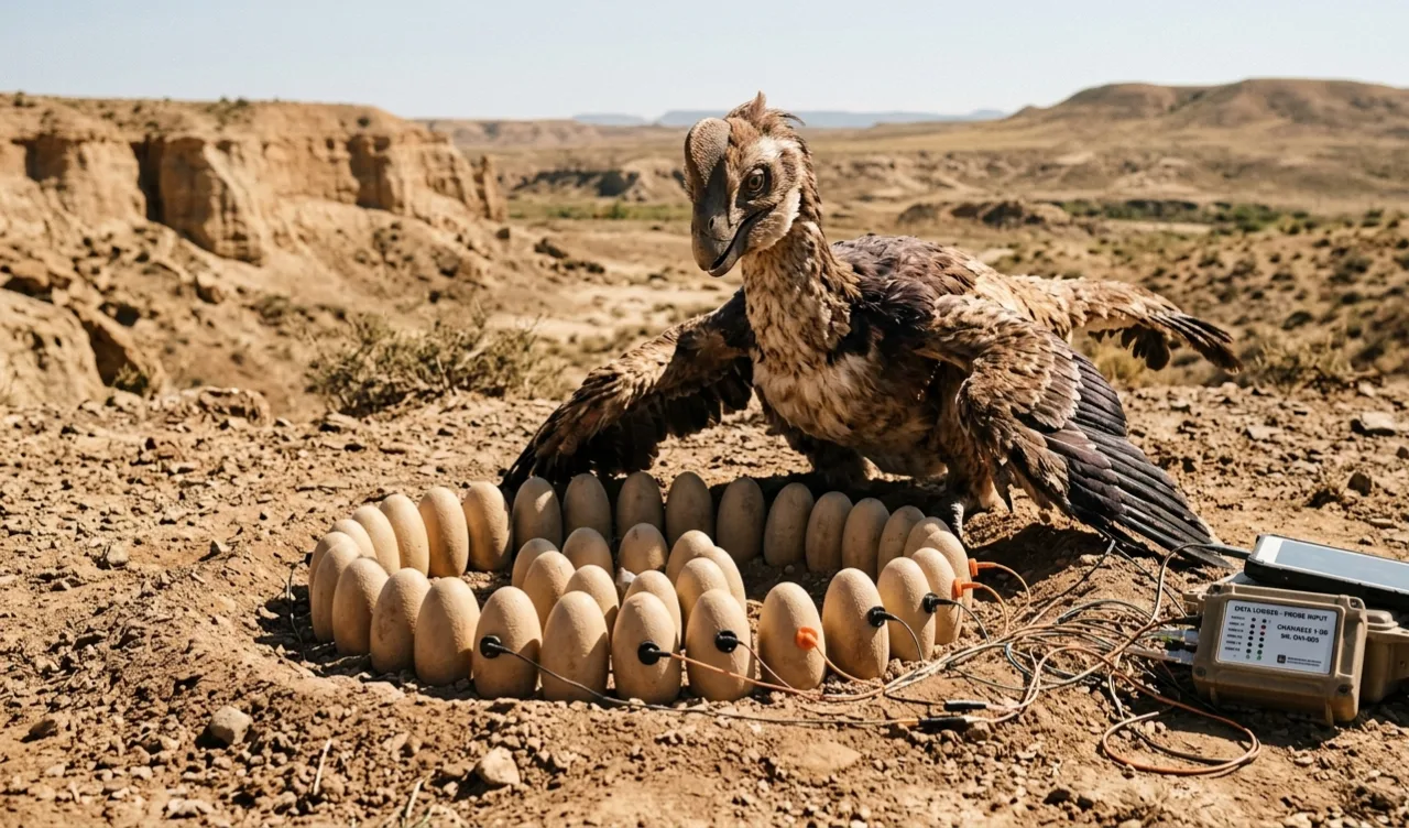 Researchers wrapped a foam-and-wood skeleton of Heyuannia huangi in cotton, cloth and a heating pad, then placed it on a nest of resin eggs filled with water to mimic egg white. Image concept: adapted from Su et al., Frontiers in Ecology and Evolution, 2026.
