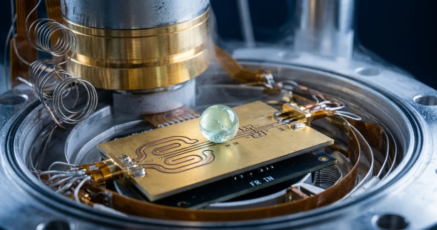 A single-crystal yttrium iron garnet sphere, smaller than a grain of rice, sits on a copper waveguide. A microwave pulse excites a magnon inside it while the whole setup is cooled to 30 millikelvin, colder than deep space, to time how long the signal survives.