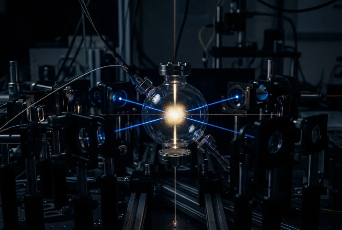 The optical dipole trap at the University of Birmingham, built from crossed laser beams, cools rubidium atoms into a single quantum cloud and splits it with a thin wall of light. Image credit: University of Birmingham.