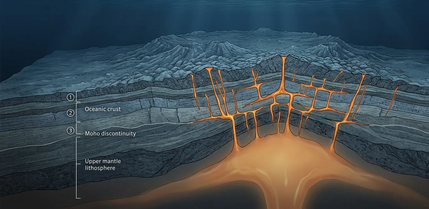 Colored lines trace the paths of sound waves used to probe the hidden rock structure beneath the plateau. Warmer colors mark paths where the waves lost the most energy. Image adapted from Shito et al., Geophysical Research Letters, 2025.
