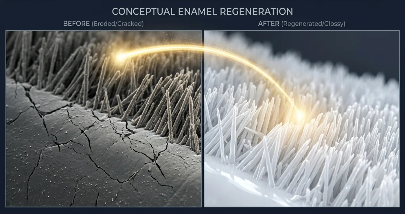 A microscope view of the moment new mineral crystals lock onto a tooth's own surface and start growing outward in an organised pattern, just as they did the first time the tooth ever formed. Image adapted from Hasan et al., Nature Communications, 2025.