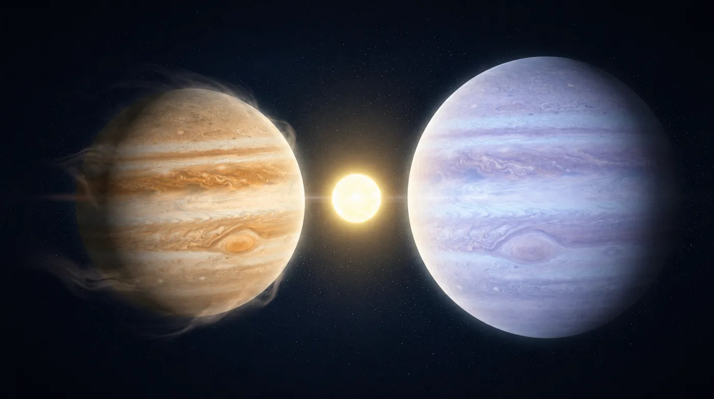 An artist's concept of TOI-791 b and c, two Jupiter-sized planets so low in density they would float in water. Illustration concept: NavsoraTimes.