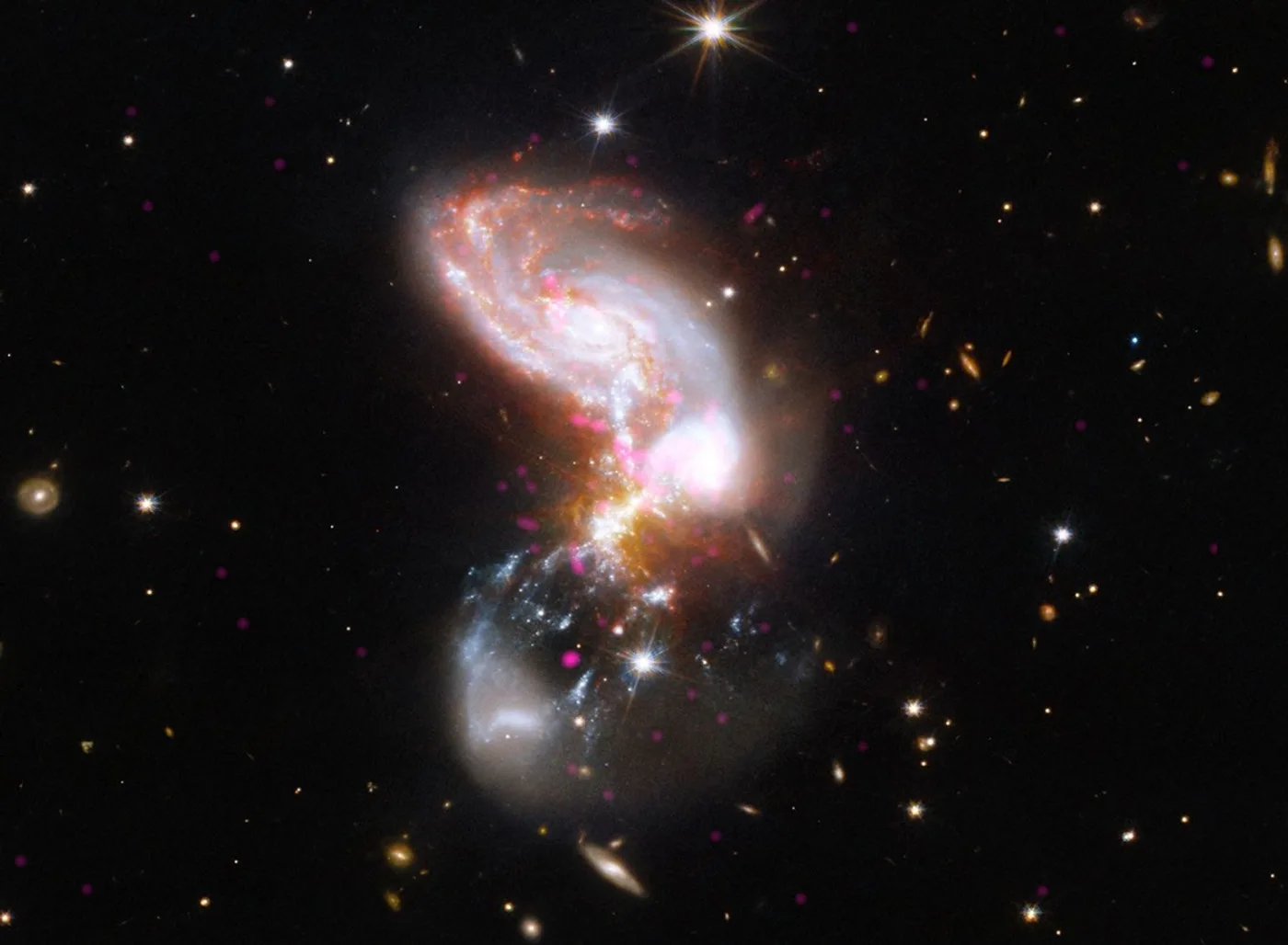 Chandra X-ray data (magenta) reveal black hole activity and hot gas at the heart of the collision, layered with Hubble optical data (blue and white) and Webb infrared data (red and gray) exposing star-forming regions hidden behind dust. Image: X-ray: NASA/CXC/SAO; Optical: NASA/ESA/STScI; Infrared: NASA/ESA/CSA/STScI; Image Processing: NASA/CXC/SAO/L. Frattare and J. Major.
