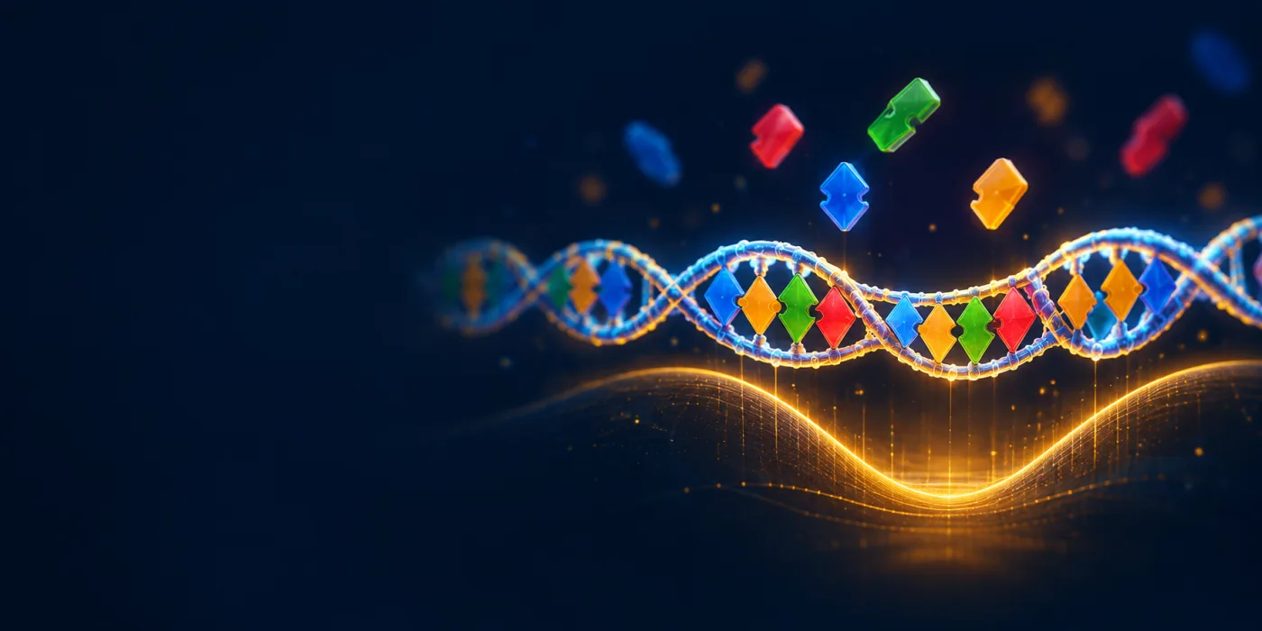 Coloured tiles compete for positions along a DNA scaffold and settle into the one arrangement where every edge matches. Image: Stérin et al., Nature (2026), CC BY 4.0.