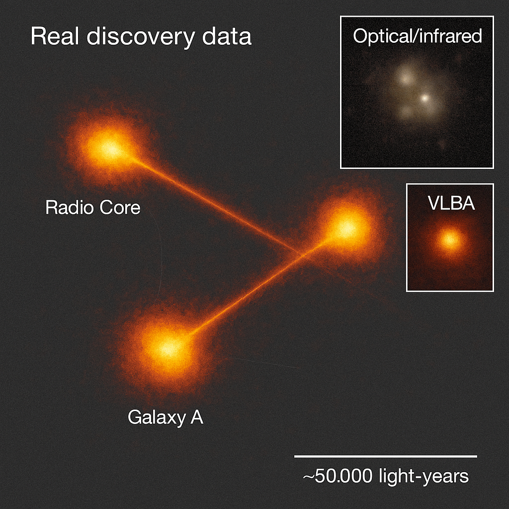 Abstract cosmic background with swirling colors representing gravitational forces and energy emission from interacting black holes.